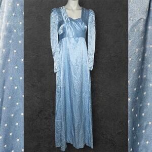 VTG Light Blue Star Print Satin Maxi Dress Renaissance Princess Fairy Godmother